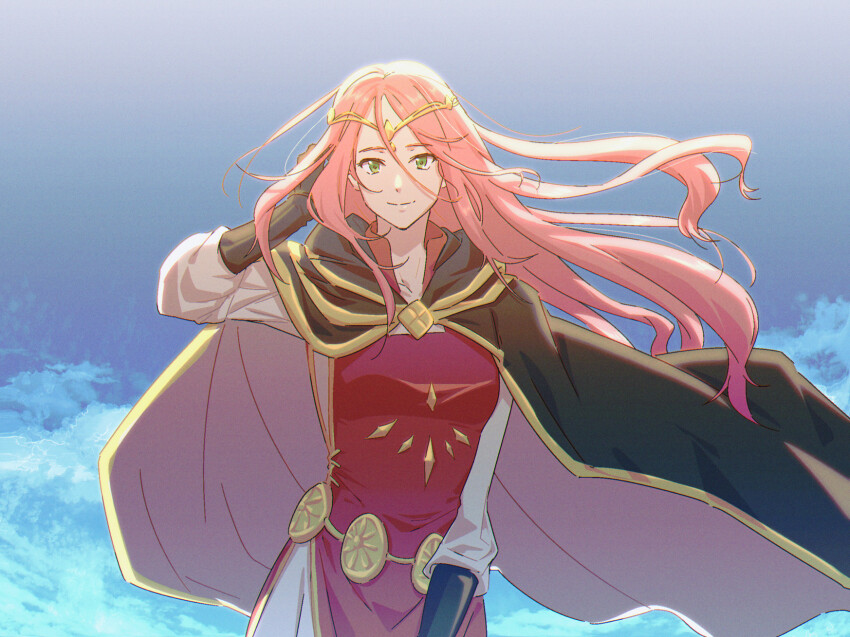 1girl black_cape black_gloves breasts cape circlet day frederica_aesfrost gloves green_eyes hand_up highres korina_(mrpuripurin) long_hair outdoors pink_hair small_breasts triangle_strategy