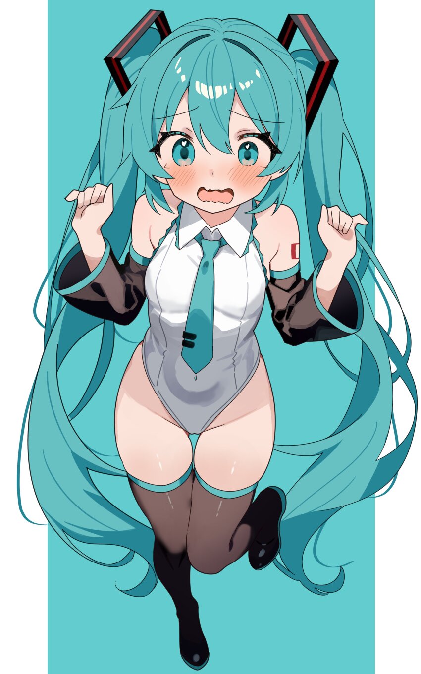 1girl absurdres adapted_costume aqua_background aqua_eyes aqua_hair aqua_necktie bare_shoulders black_sleeves blush breasts coco_irasuto collared_leotard commentary_request covered_navel detached_sleeves fang from_above full_body green_background hair_between_eyes hair_ornament hatsune_miku highleg highleg_leotard highres leotard medium_breasts necktie number_tattoo open_mouth outside_border pillarboxed simple_background skindentation standing standing_on_one_leg tattoo thigh_gap twintails vocaloid wavy_mouth white_leotard