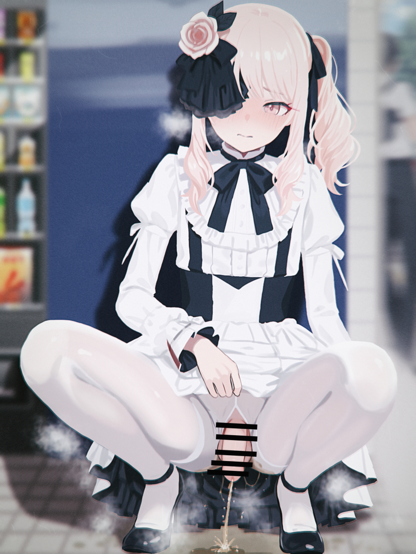 1boy absurdres akiyama_mizuki bar_censor black_bow black_bowtie black_ribbon black_shoes blurry blurry_background blush bow bowtie censored closed_mouth clothes_lift commission crossdressing crossdressing_(mtf) dress dress_lift flaccid flower genderswap genderswap_(otm) hair_flower hair_ornament hair_ribbon high_heels highres indoors juliet_sleeves long_sleeves male_focus pantyhose pee peeing penis pink_eyes pink_flower pink_hair pink_rose pixiv_commission project_sekai puffy_sleeves ribbon rose shoes side_ponytail sidelocks squatting trap white_dress white_pantyhose zhan_jie_wang