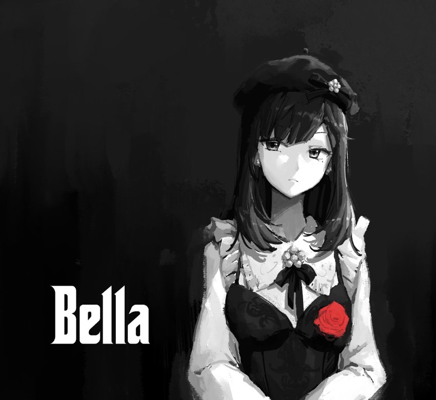 beret black_bow black_bowtie black_vest bow bowtie collar flower flower_ornament frilled_collar frills greyscale hat highres long_hair long_sleeves looking_to_the_side mole mole_under_eye monochrome parody red_flower red_rose rose serious shirt spot_color stank the_godfather vest white_shirt