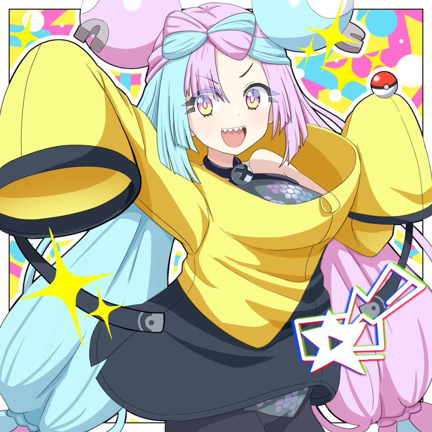 1girl bare_arms bare_shoulders bike_shorts black_shorts blue_hair bow-shaped_hair breasts character_hair_ornament daiichi_(1279220) fake_hair_bun gen_1_pokemon hair_ornament halterneck hexagon_print highres holding holding_poke_ball iono_(pokemon) jacket long_hair low-tied_long_hair magnemite medium_breasts multicolored_hair nintendo open_mouth oversized_clothes pink_hair poke_ball poke_ball_(basic) pokemon pokemon_sv sharp_teeth shorts single_leg_pantyhose sleeves_past_fingers sleeves_past_wrists smile solo split-color_hair teeth twintails upper_body very_long_sleeves x yellow_jacket