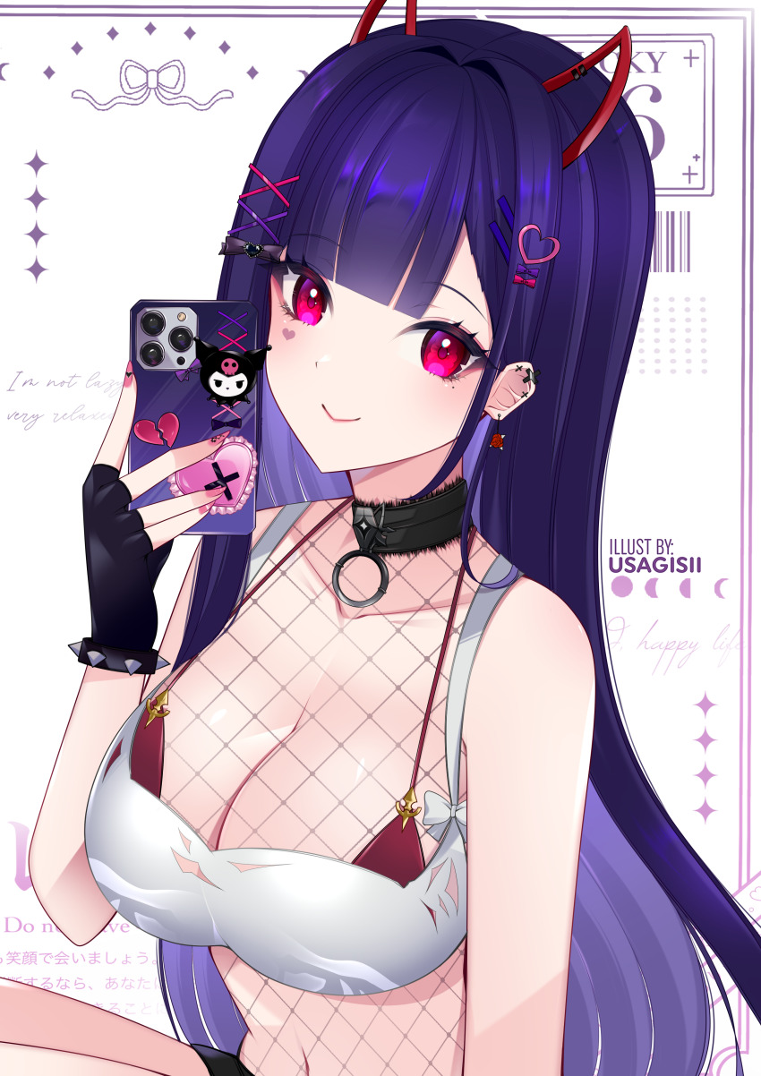 1girl absurdres akuma_nihmune akuma_nihmune_(demon_past) artist_name black_bow black_choker black_shorts bow bra breasts broken_heart choker cleavage closed_mouth collarbone earrings eyelashes fake_horns fishnet_top fishnets hair_bow hair_ornament heart heart_hair_ornament highres holding holding_phone horns indie_virtual_youtuber jewelry long_hair mole mole_under_eye navel phone pink_bow pink_eyes pink_nails purple_bow purple_hair red_bra selfie shirt shorts smile solo torn_clothes torn_shirt underwear usagisii virtual_youtuber white_bow white_shirt x_hair_ornament