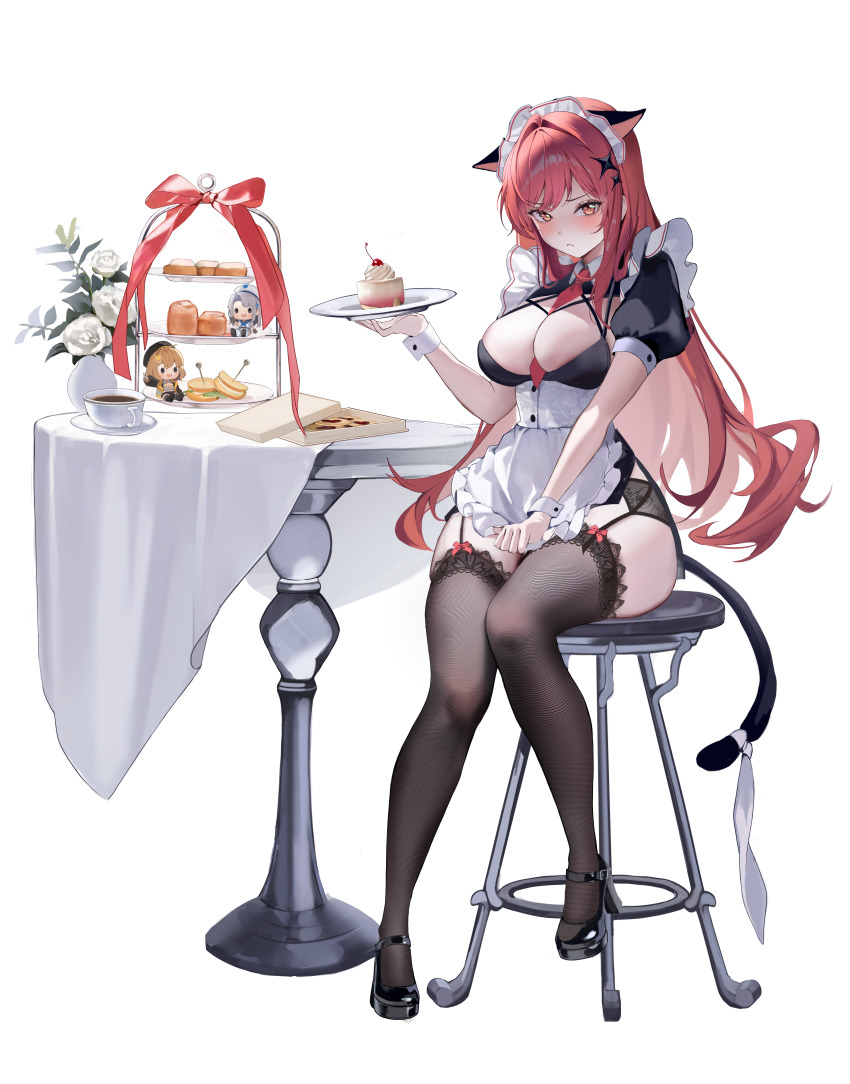 1girl absurdres alternate_costume animal_ears anis_(nikke) apron black_dress black_high_heels black_thighhighs breasts cake cat_ears cleavage commentary dress fake_animal_ears flower food garter_straps goddess_of_victory:_nikke highres holding holding_plate large_breasts long_hair maid maid_apron maid_headdress neon_(nikke) plate rapi_(nikke) rapi_(red_hood)_(nikke) red_eyes red_hair rose solo table thighhighs uyuri_(89976220) white_apron white_flower white_rose