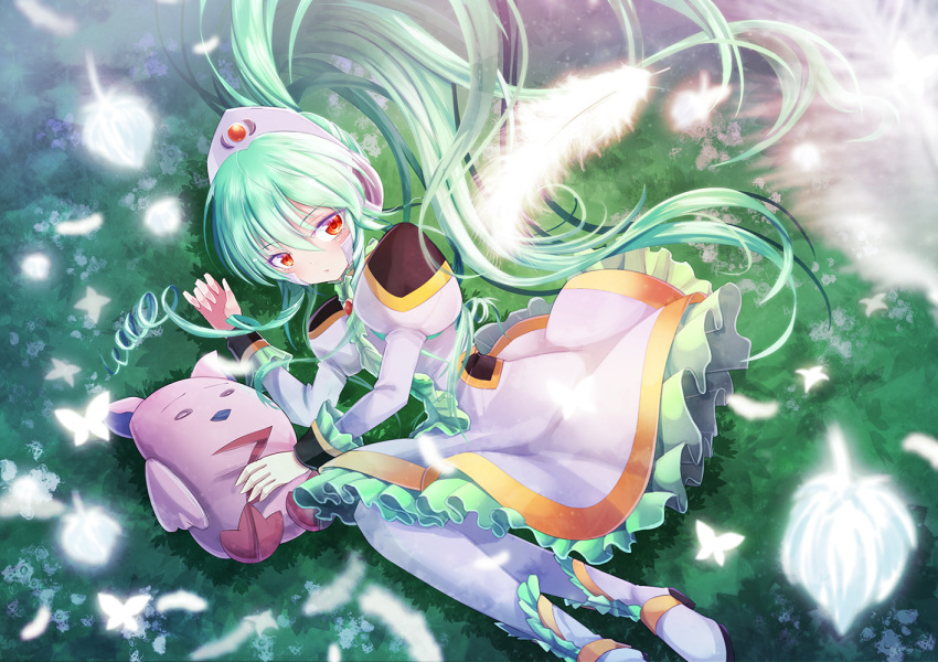 bug butterfly frilled_skirt frills galaxy_angel grass green_hair hat insect long_hair looking_at_viewer lying on_side outdoors ponytail puffy_sleeves red_eyes skirt solo stuffed_animal stuffed_toy vanilla_h very_long_hair white_footwear white_hat white_legwear white_skirt z.o.b