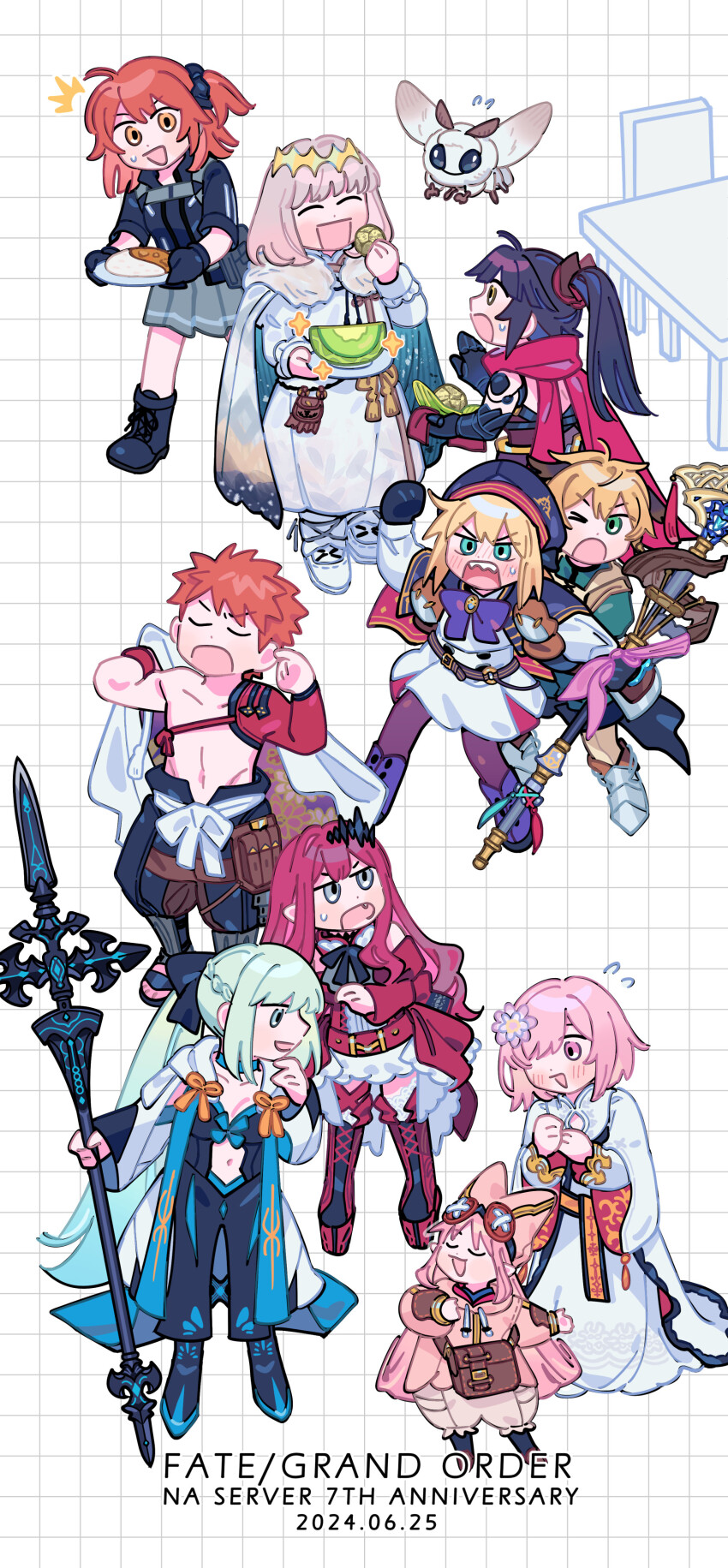 2boys 6+girls absurdres artoria_caster_(fate) artoria_caster_(second_ascension)_(fate) artoria_pendragon_(fate) baobhan_sith_(fate) baobhan_sith_(first_ascension)_(fate) black_dress black_footwear black_hair blanca_(fate) blonde_hair blue_eyes blue_hat blush boots bug cape closed_eyes clothing_cutout dress emiya_shirou fate/grand_order fate_(series) flower fujimaru_ritsuka_(female) fujimaru_ritsuka_(female)_(polar_chaldea_uniform) full_body gareth_(fate) gareth_(first_ascension)_(fate) green_eyes grey_eyes grey_skirt grid_background habetrot_(fate) hair_flower hair_ornament hair_over_one_eye hand_up hat highres holding holding_plate insect jacket japanese_clothes katou_danzou_(fate) kimono long_hair mash_kyrielight mash_kyrielight_(bridal_gown) mini_person morgan_le_fay_(fate) morgan_le_fay_(second_ascension)_(fate) moth multiple_boys multiple_girls navel_cutout oberon_(fate) oberon_(first_ascension)_(fate) oneroom-disco open_mouth orange_hair pink_eyes pink_hair pink_hat pink_jacket plate pointy_ears ponytail red_footwear red_scarf robe scarf senji_muramasa_(fate) short_hair side_ponytail sidelocks skirt smile sweatdrop thigh_boots white_cape white_dress white_footwear white_hair white_kimono white_robe yellow_eyes