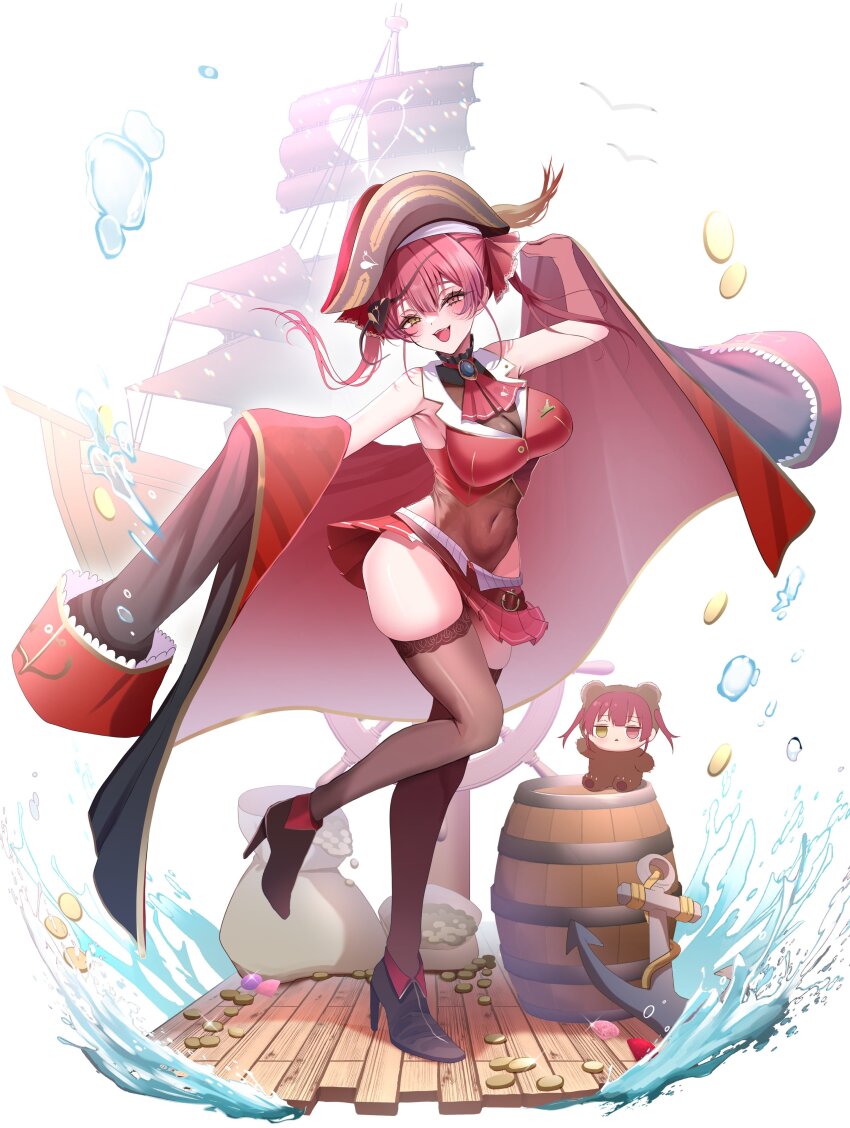 1girl :d absurdres ankle_boots ascot barrel belt bicorne black_coat black_hat boots breasts brooch brown_belt brown_boots brown_thighhighs choker cleavage coat coat_partially_removed coin commentary covered_navel cropped_jacket fold-over_boots frilled_choker frilled_shirt_collar frills full_body gold_coin gold_trim hair_ribbon hat heterochromia high_heel_boots high_heels highleg highleg_leotard highres hinoki_kahun0 hololive houshou_kumarine houshou_marine houshou_marine_(1st_costume) jacket jewelry large_breasts leather leather_belt leather_boots leotard leotard_under_clothes long_hair looking_at_viewer miniskirt off_shoulder open_mouth pirate_hat pirate_ship pleated_skirt red_ascot red_eyes red_hair red_jacket red_ribbon red_skirt ribbon see-through_cleavage see-through_clothes see-through_leotard skirt sleeveless sleeveless_jacket smile solo standing standing_on_one_leg teeth thighhighs twintails upper_teeth_only virtual_youtuber yellow_eyes