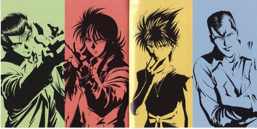 1990s_(style) 4boys bandaged_arm bandages hiei_(yu_yu_hakusho) index_finger_raised kurama_(yu_yu_hakusho) kuwabara_kazuma long_hair multiple_boys official_art pointing pointing_at_viewer pompadour retro_artstyle scan short_hair simple_background smile spiked_hair studio_pierrot urameshi_yusuke yuu_yuu_hakusho
