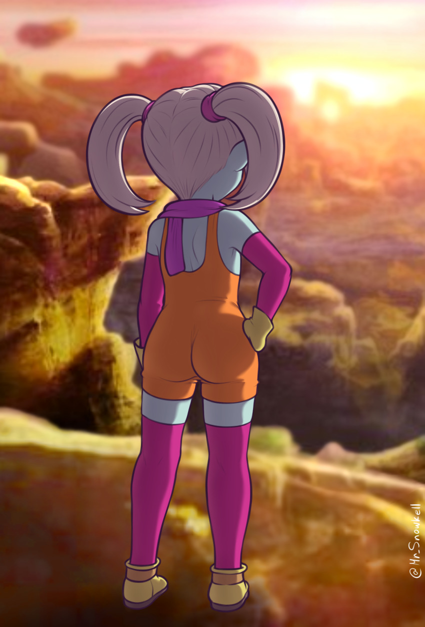 1girl absurdres blue_skin canyon colored_skin detached_sleeves dragon_ball dragon_ball_daima facing_away gloves hand_on_own_hip highres mr._snowkell overalls pansy_(dragon_ball_daima) scarf shoes sunset twintails white_hair