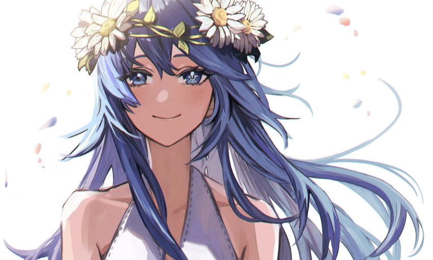 1girl bare_shoulders blue_eyes blue_hair blush closed_mouth collarbone commentary dress fire_emblem fire_emblem_awakening fire_emblem_heroes floating_hair flower hair_between_eyes hair_ornament head_wreath highres hoshigaki_(hsa16g) long_hair looking_at_viewer lucina_(fire_emblem) lucina_(valentine)_(fire_emblem) nintendo official_alternate_costume petals portrait simple_background sleeveless sleeveless_dress smile solo symbol-only_commentary symbol-shaped_pupils very_long_hair white_background white_dress white_flower