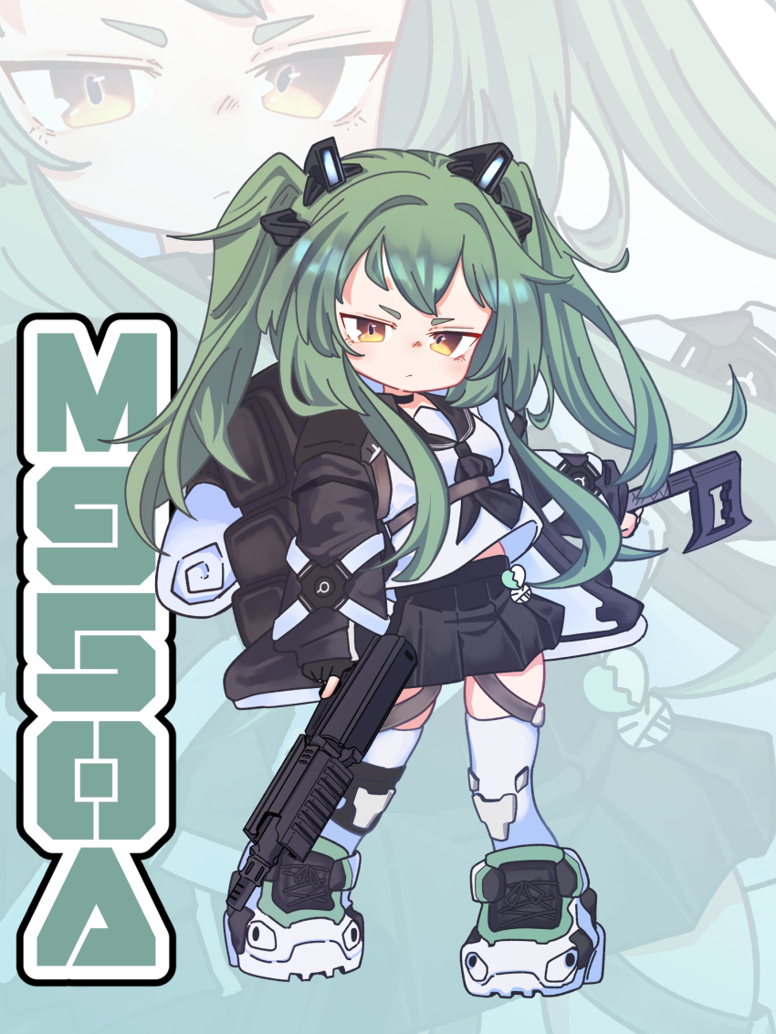 1girl bag black_jacket black_skirt calico_m950 calico_m950a character_name chibi fingerless_gloves full_body girls&#039;_frontline gloves green_hair gun handgun helical_magazine hexaa high-capacity_magazine highres jacket m950a_(girls&#039;_frontline) m950a_(mod3)_(girls&#039;_frontline) pistol school_uniform serafuku skirt solo submachine_gun thighhighs twintails weapon white_thighhighs yellow_eyes