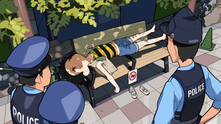 1girl 3boys absurdres andorrasoda bench black_hair chair dappled_sunlight highres lying multiple_boys on_back original outdoors park_bench police police_uniform short_hair sunlight