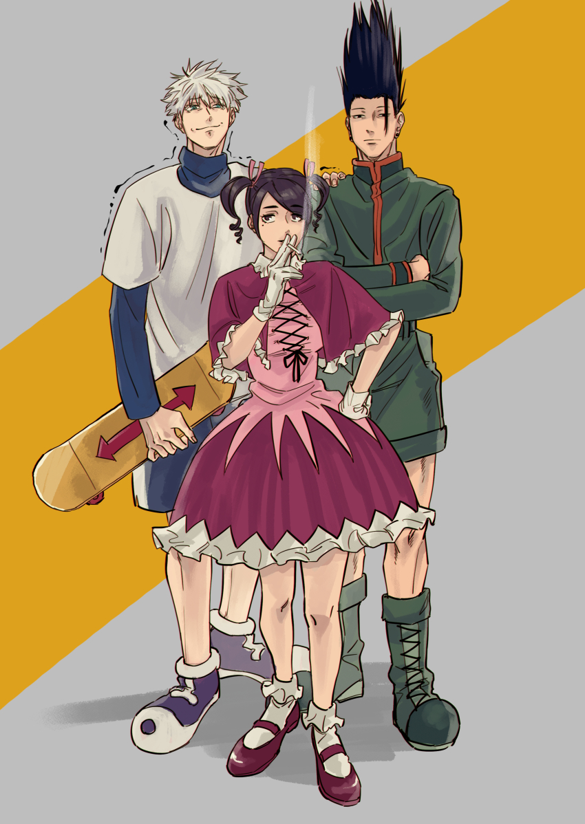 1girl 2boys absurdres biscuit_krueger biscuit_krueger_(cosplay) black_eyes black_hair blue_eyes blue_shirt blue_shorts boots cigarette closed_mouth cosplay crossed_arms crossover dress ear_piercing full_body fuse_(2sau3) getou_suguru gloves gojou_satoru gon_freecss gon_freecss_(cosplay) green_footwear green_jacket green_shorts hand_on_shoulder highres holding holding_cigarette holding_skateboard hunter_x_hunter ieiri_shoko jacket jujutsu_kaisen killua_zoldyck killua_zoldyck_(cosplay) laughing long_sleeves mole mole_under_eye multiple_boys piercing pink_dress purple_footwear shirt shoes short_hair short_twintails shorts skateboard smile smoking standing trembling twintails white_gloves white_hair white_shirt