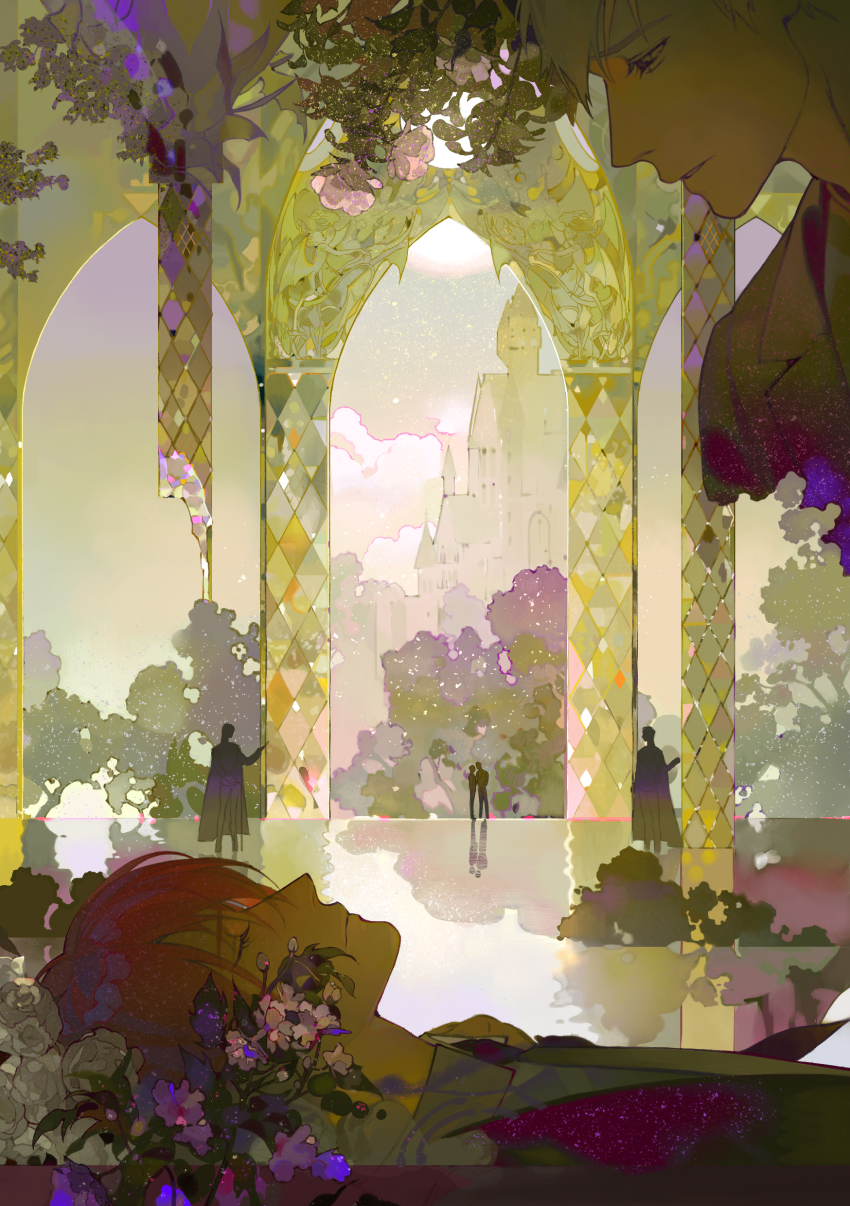 2boys 4others absurdres blue_flower building closed_eyes flower grey_hair highres leaf male_focus multiple_boys multiple_others original pink_flower plant profile red_eyes short_hair upper_body white_flower xiaoquandianer