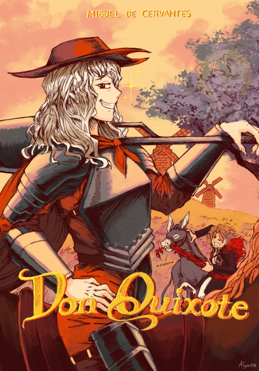 algro778 alonso_quixano armor artist_name basin black_coat blonde_hair cape cloud cloudy_sky coat commentary don_quixote_(novel) don_quixote_(project_moon) donkey english_commentary fur_scarf grey_hair highres hill horse la_manchaland&#039;s_don_quixote_(project_moon) limbus_company long_hair medium_hair one_eye_closed project_moon red_eyes red_fur sancho_(project_moon) sancho_panza signature sky sparkle tree windmill