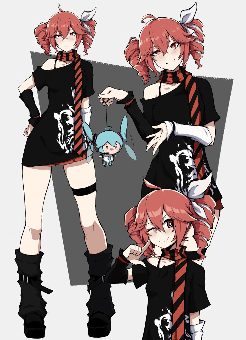 absurdres ahoge aqua_eyes aqua_hair aqua_necktie belt_boots black_boots black_shirt blush boots bra_strap character_doll closed_mouth collarbone commentary detached_sleeves drill_hair hair_between_eyes hand_up hatsune_miku highres jewelry kasane_teto kasane_teto_(sv) kekel miniskirt multicolored_scarf necktie red_eyes red_hair red_trim ribbon scarf shirt short_hair short_sleeves simple_background skirt smile synthesizer_v thighlet toy twin_drills twintails utau vocaloid white_ribbon