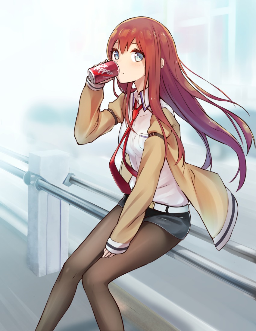 1girl black_pantyhose blue_eyes brown_hair can dr_pepper drink_can female_focus highres jacket long_hair looking_at_viewer makise_kurisu necktie ninnzinn pantyhose pantyhose_under_shorts railing red_necktie short_shorts shorts sitting soda_can solo steins;gate sweat