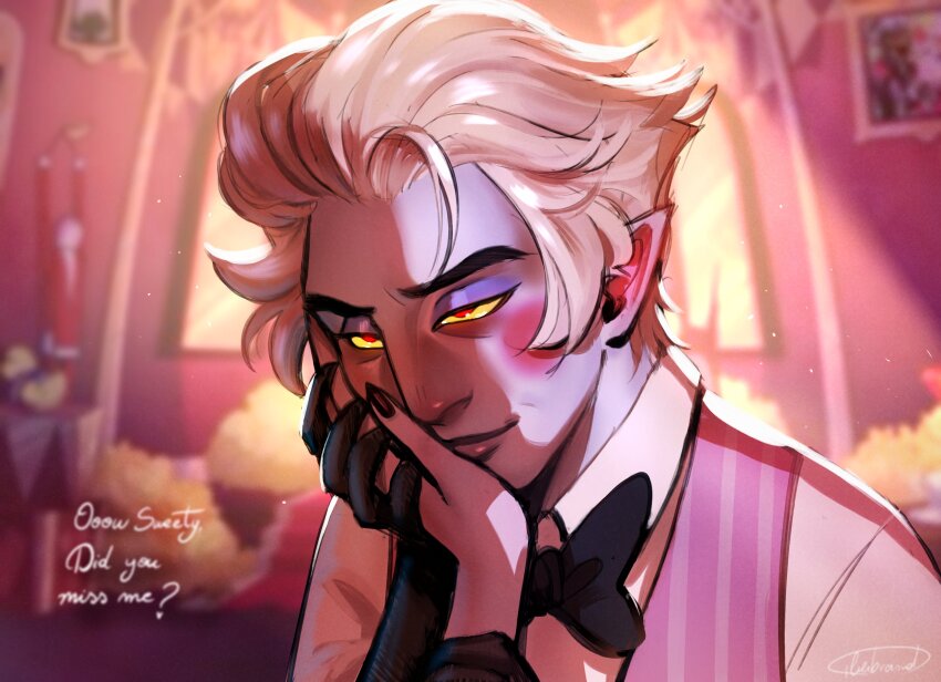 4lienbrainrot absurdres blonde_hair blush_stickers demon_boy fingernails hair_slicked_back hazbin_hotel highres lilith_(hazbin_hotel) lucifer_morningstar_(hazbin_hotel) pointy_ears red_eyes sharp_fingernails smile