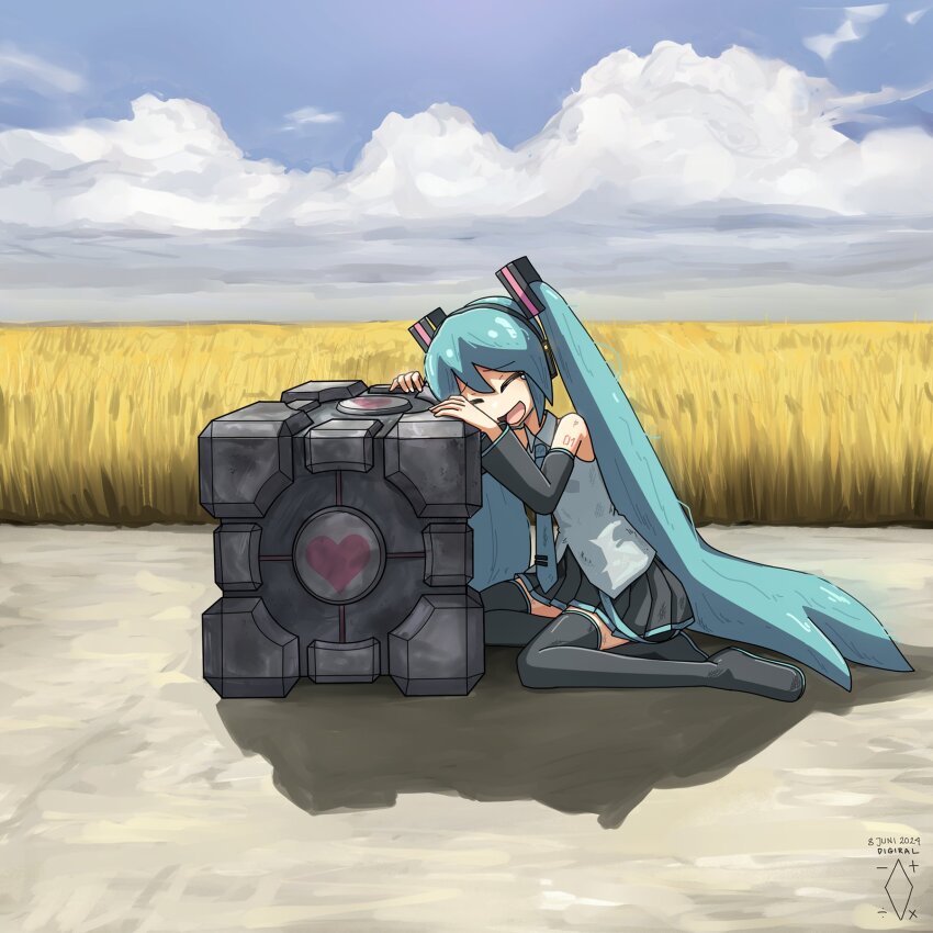 1girl :d aperture_science_weighted_companion_cube aqua_hair aqua_necktie artist_name black_boots black_skirt black_sleeves boots closed_eyes cloud cloudy_sky commentary dated detached_sleeves digiral english_commentary grey_shirt hair_ornament happy_tears hatsune_miku headphones highres long_hair long_sleeves miniskirt necktie on_floor open_mouth outdoors pleated_skirt portal portal_(series) portal_2 shirt sitting skirt sky sleeveless sleeveless_shirt smile solo spoilers tears thigh_boots twintails very_long_hair vocaloid wheat_field wide_sleeves yokozuwari