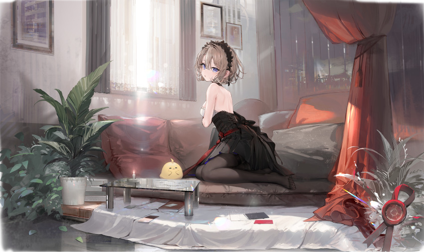 1girl absurdres artist_request azur_lane backless_dress backless_outfit black_dress black_pantyhose breasts brown_hair dress from_side glass_table hair_between_eyes highres indoors looking_at_viewer looking_to_the_side manjuu_(azur_lane) medium_breasts non-web_source official_alternate_costume official_art pantyhose pillow plant potted_plant purple_eyes revision short_hair sitting solo table transparent_background yokozuwari z23_(azur_lane) z23_(tanz_der_blumen)_(azur_lane)