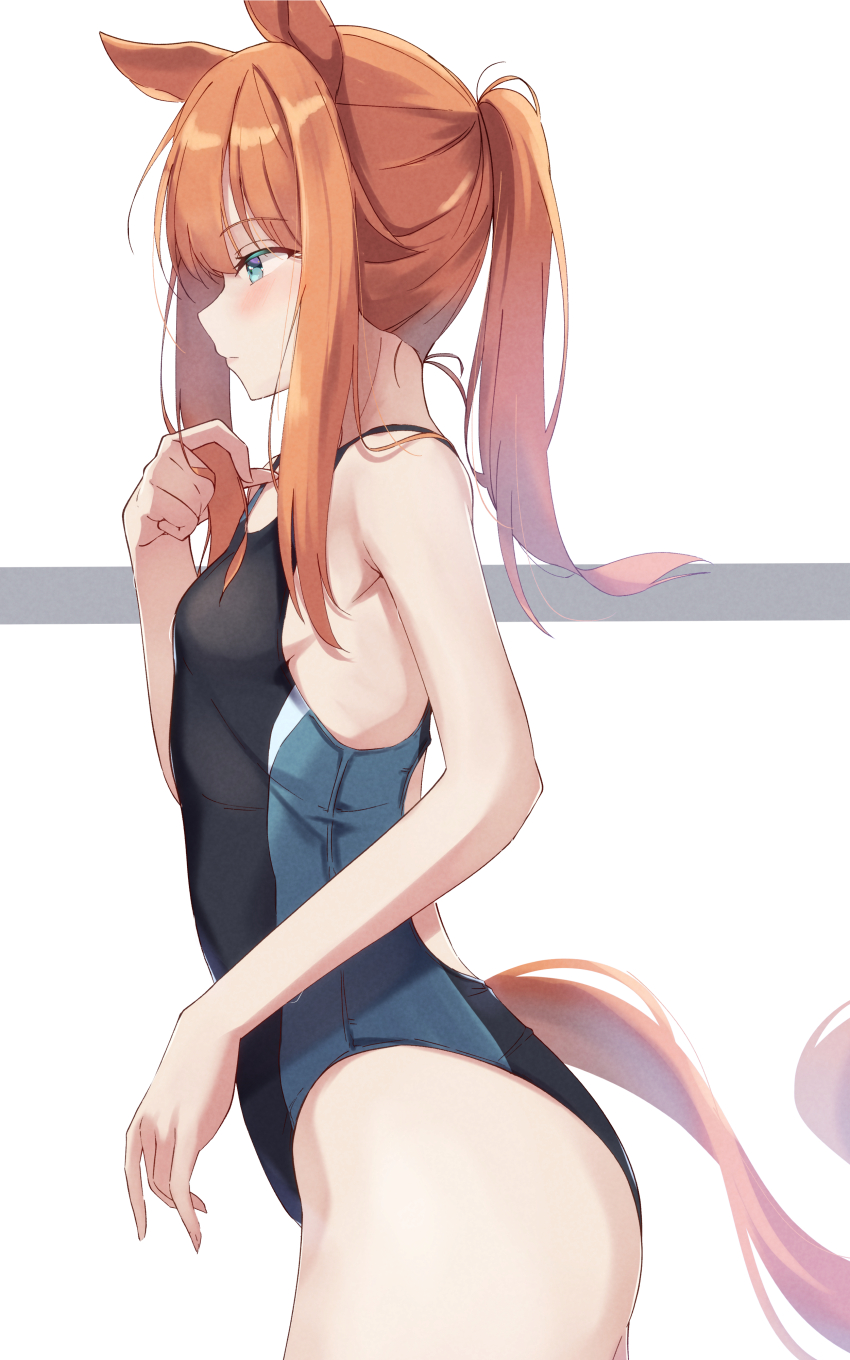 1girl absurdres animal_ears bare_arms bare_legs bare_shoulders black_one-piece_swimsuit blue_eyes breasts competition_swimsuit cowboy_shot from_side highres horse_ears horse_girl long_hair one-piece_swimsuit orange_hair pandoa_(mikage0495) ponytail profile silence_suzuka_(umamusume) simple_background small_breasts solo swimsuit umamusume white_background