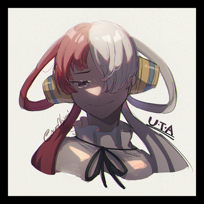 1girl black_ribbon character_request closed_mouth cropped_torso downcast_eyes eyelashes hair_over_one_eye hair_rings highres multicolored_hair one_piece ovasayuri ribbon sad shirt signature simple_background solo split-color_hair uta_(one_piece) white_background white_shirt