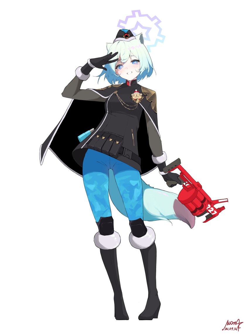 1girl absurdres animal_ears black_gloves blue_archive blue_halo blush breasts full_body gloves green_hair grenade_launcher hair_between_eyes halo hand_on_own_forehead highres long_sleeves looking_at_viewer medium_breasts military_uniform mona_kkkk purple_eyes shigure_(blue_archive) short_hair simple_background smile solo tail weapon weapon_request weasel_ears weasel_girl weasel_tail white_background
