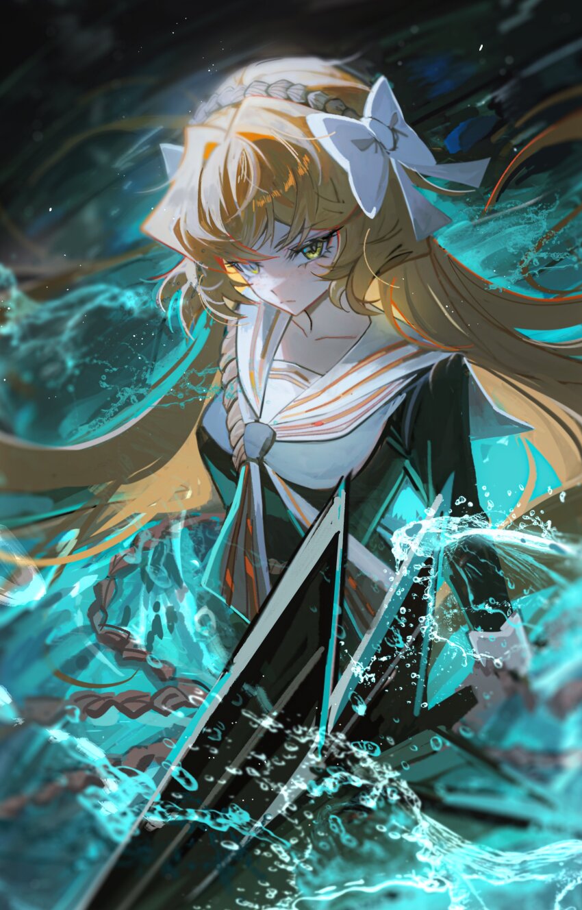 1girl absurdres bow brown_hairband cowboy_shot green_eyes hair_bow hairband harpoon highres holding_harpoon ishmael_(project_moon) limbus_company long_hair looking_at_viewer neckerchief ocean orange_hair project_moon rope sailor_collar second-party_source snagharpoon_(e.g.o) solo storm very_long_hair water white_bow white_neckerchief white_sailor_collar