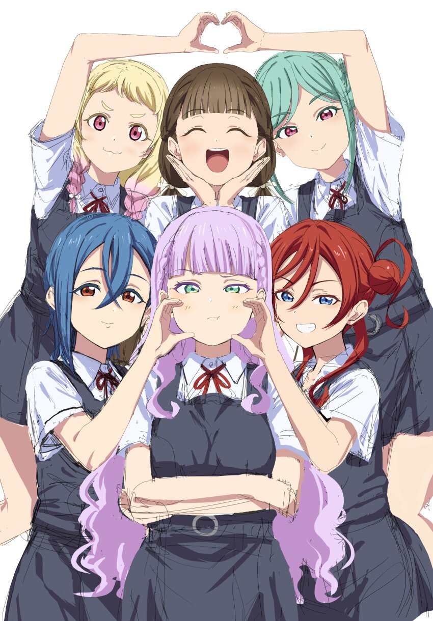 6+girls absurdres aiai_(okiraku_rough_nisshi) aqua_hair blonde_hair blue_eyes blue_hair blunt_bangs braid brown_eyes brown_hair closed_eyes collared_shirt crossed_arms dress everyone gradient_hair green_eyes grey_dress hair_bun heart heart_hands heart_hands_duo highres long_hair looking_at_viewer love_live! love_live!_superstar!! low_twin_braids low_twintails multicolored_hair multiple_girls neck_ribbon onitsuka_natsumi onitsuka_tomari open_mouth pink_hair pout purple_eyes purple_hair red_hair ribbon sakurakoji_kinako school_uniform shirt short_hair single_side_bun smile twin_braids twintails wakana_shiki wavy_hair white_shirt wien_margarete yoneme_mei yuigaoka_school_uniform
