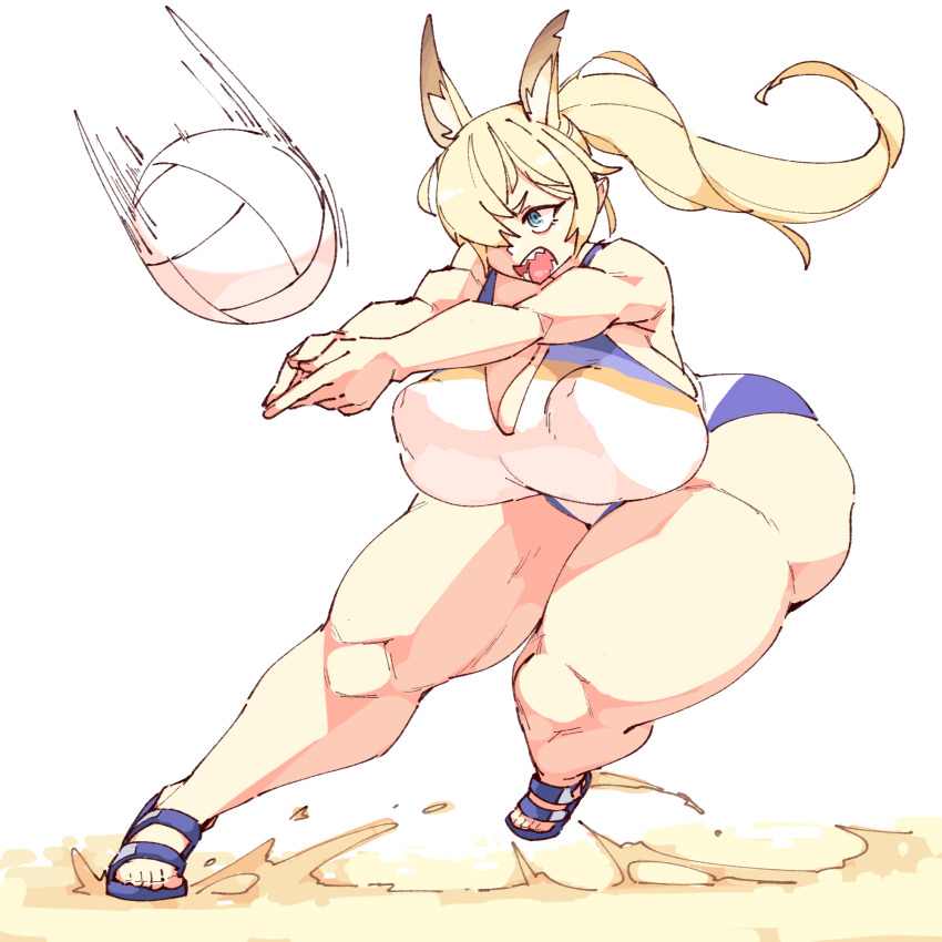 1girl 2025 action alternate_breast_size_(larger) animal_ear_fluff animal_ears ass bare_legs bare_shoulders blonde_hair blue_archive blue_eyes blue_sandals breasts cleavage commentary covered_erect_nipples dog_ears dog_girl english_commentary female_focus full_body hair_over_one_eye highres huge_ass huge_breasts inverted_nipples kanna_(blue_archive) long_hair official_alternate_costume official_alternate_hairstyle one-piece_swimsuit open_mouth own_hands_together plump ponytail rtil sandals serious sharp_teeth simple_background solo standing standing_on_one_leg swimsuit teeth thick_thighs thighs variant_set white_background white_one-piece_swimsuit wide_hips