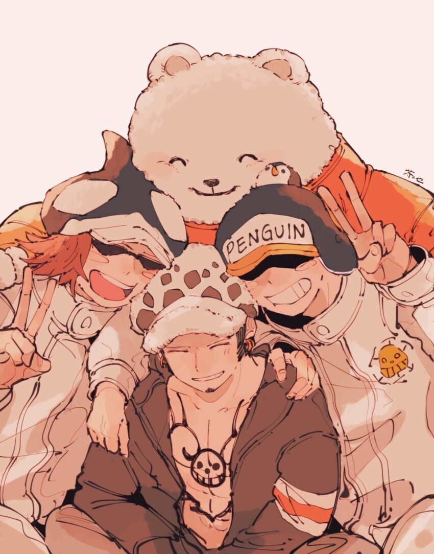 4boys ^_^ akuta_ji animal bear bepo_(one_piece) black_coat blush_stickers chest_tattoo closed_eyes coat commentary_request facial_hair goatee hat heart_pirates_jolly_roger highres jumpsuit multiple_boys one_piece open_mouth orange_jumpsuit penguin_(one_piece) shachi_(one_piece) simple_background sunglasses tattoo trafalgar_law v white_jumpsuit
