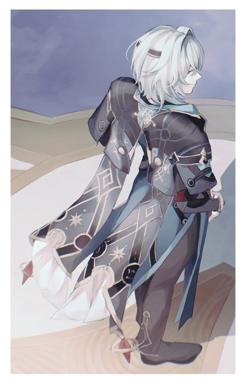 1boy absurdres anaxa_(honkai:_star_rail) aqua_hair back black_pants black_shoes from_above full_body fz7047 hair_between_eyes highres honkai:_star_rail honkai_(series) looking_back male_focus pants shoes solo standing upper_body