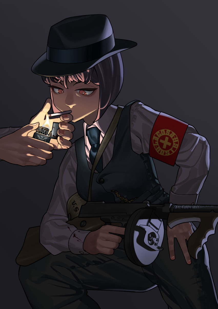 1girl 1other armband black_hat black_vest blood blood_on_arm blood_on_clothes blood_splatter brown_eyes brown_hair buttoned_cuffs buttons cigarette collared_shirt commentary dress_shirt drum_magazine english_commentary fingernails fire formal_clothes gangster grey_background gun hand_on_own_hip hat hearts_of_iron highres holding holding_gun holding_lighter holding_weapon kaiserreich leaning lighter lighting_cigarette long_sleeves looking_at_object mafia magazine_(weapon) mouth_hold necktie pant_suit pants pzkpfwi red_armband shirt short_hair simple_background smoking solo submachine_gun suit thompson_submachine_gun trilby vest weapon white_shirt zippo_lighter