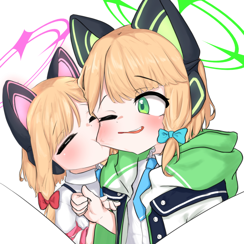 2girls absurdres akizora_103 animal_ear_headphones animal_ears biting biting_cheek blonde_hair blue_archive blue_bow blue_necktie blush bow buttons cat_ear_headphones cat_ears cheek_pull clenched_hand closed_eyes collared_shirt commentary dot_nose fake_animal_ears fang green_eyes green_halo green_jacket hair_bow halo hand_on_another&#039;s_wrist hand_up headphones highres hood hood_down hooded_jacket incest jacket long_sleeves low-tied_sidelocks midori_(blue_archive) momoi_(blue_archive) multicolored_jacket multiple_girls necktie one_eye_closed open_clothes open_jacket open_mouth pink_halo raised_inner_eyebrows red_bow school_uniform shirt short_hair siblings sidelocks simple_background sisters smile suspenders teeth twins two-sided_fabric two-sided_jacket upper_body upper_teeth_only white_background white_shirt wide_sleeves