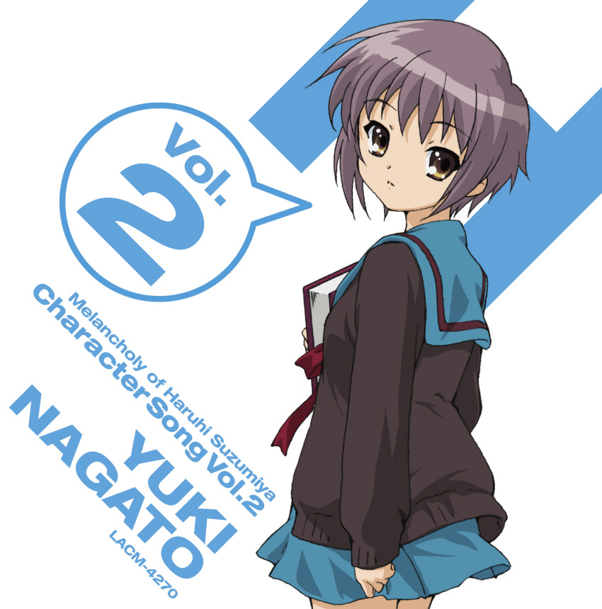 1girl album_cover blue_sailor_collar blue_skirt book brown_cardigan brown_eyes cardigan cover h_(letter) highres ikeda_shouko kita_high_school_uniform looking_back nagato_yuki official_art purple_hair sailor_collar school_uniform short_hair skirt solo suzumiya_haruhi_no_yuuutsu white_background