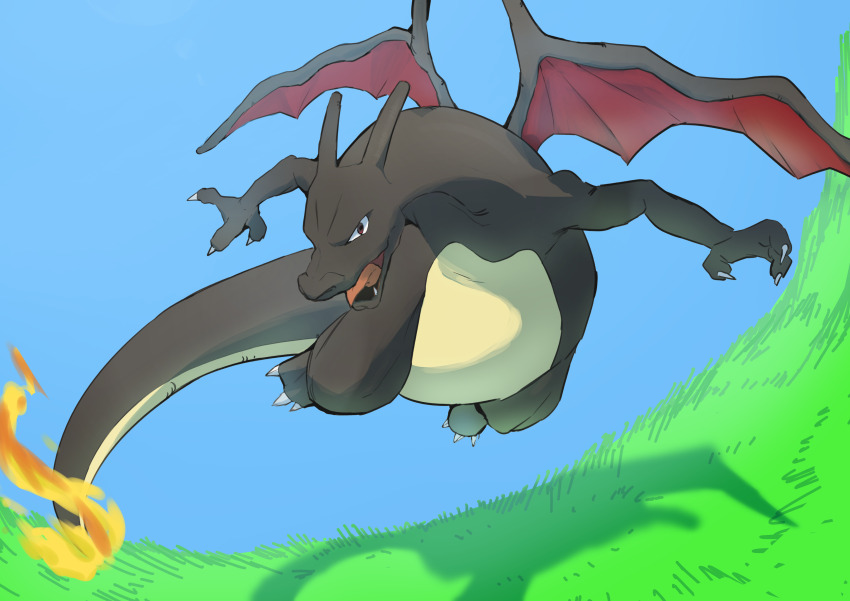 absurdres alternate_color brown_eyes charizard claws clear_sky commentary_request creatures_(company) day fang flame-tipped_tail game_freak gen_1_pokemon grass highres nintendo no_humans open_mouth outdoors pokemon pokemon_(creature) ppaparibo shiny_pokemon sky solo tongue