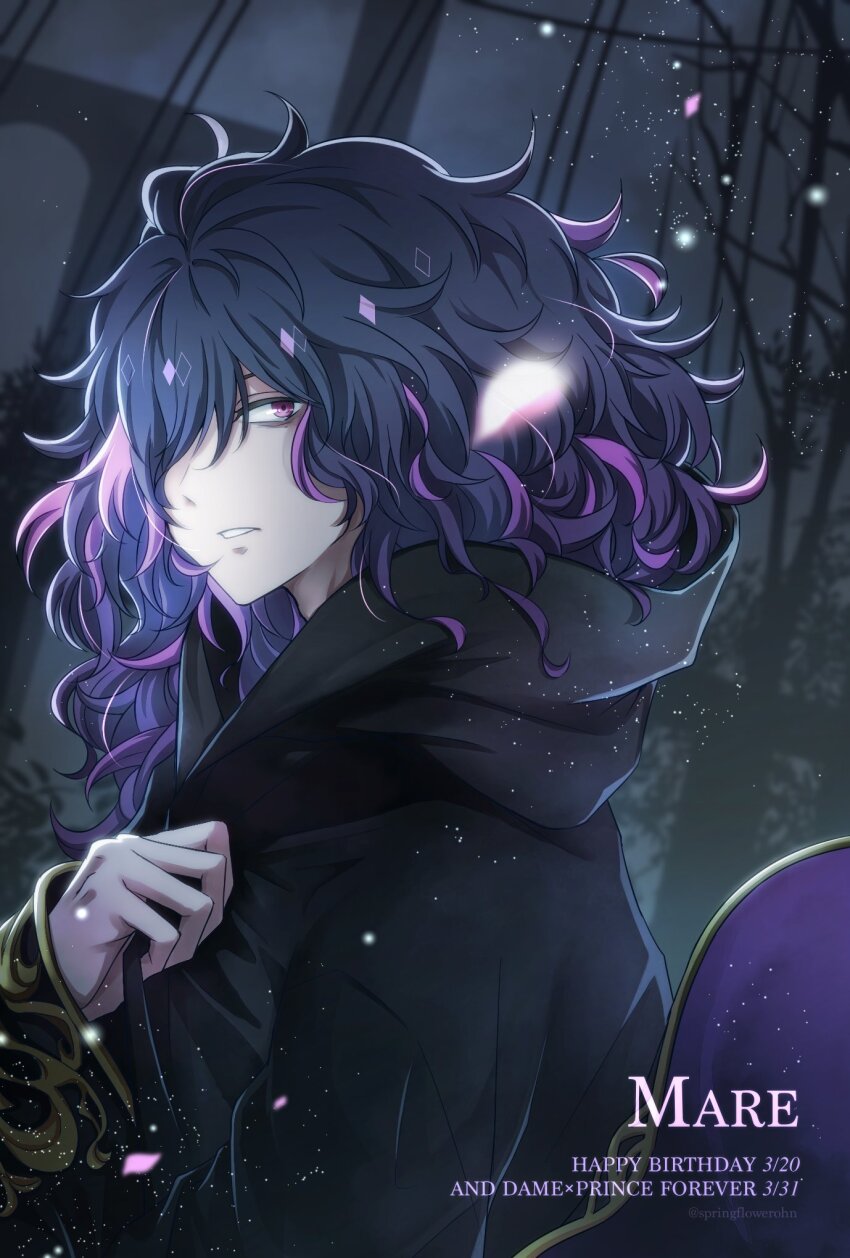 1boy bags_under_eyes black_cloak character_name cloak copyright_name dame_x_prince dated from_side hair_over_one_eye happy_birthday highres light_particles long_hair looking_at_viewer male_focus mare_selen_el_phiriazar messy_hair night outdoors parted_lips purple_hair solo springflowerohn