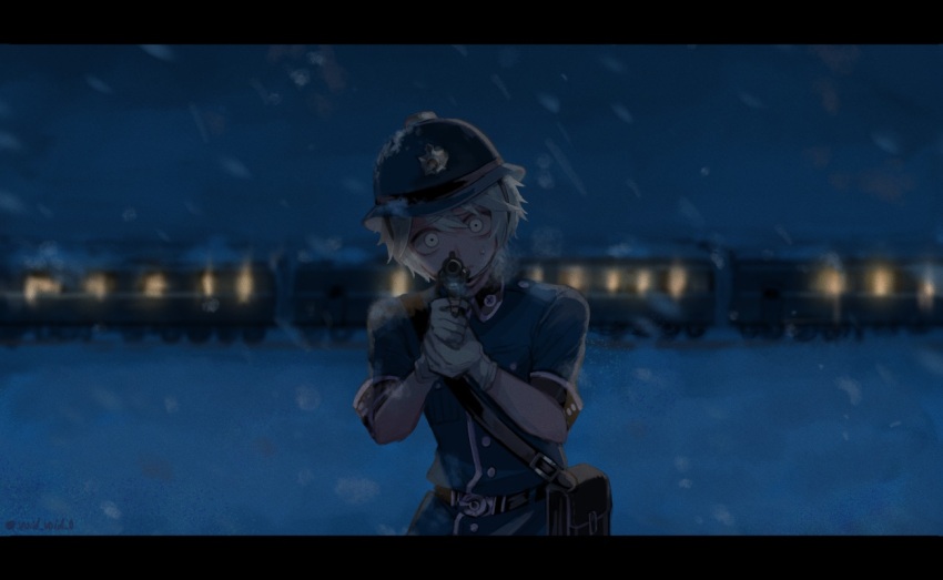 1boy aiming aiming_at_viewer bag blizzard blonde_hair blue_jacket custodian_helmet gloves gun handgun head_tilt helmet holding holding_gun holding_weapon identity_v jacket male_focus official_alternate_costume police revolver satchel short-sleeved_jacket short_sleeves solo sweatdrop tendenbarabara train upper_body victor_grantz victor_grantz_(sheriff) weapon white_eyes white_gloves white_trim