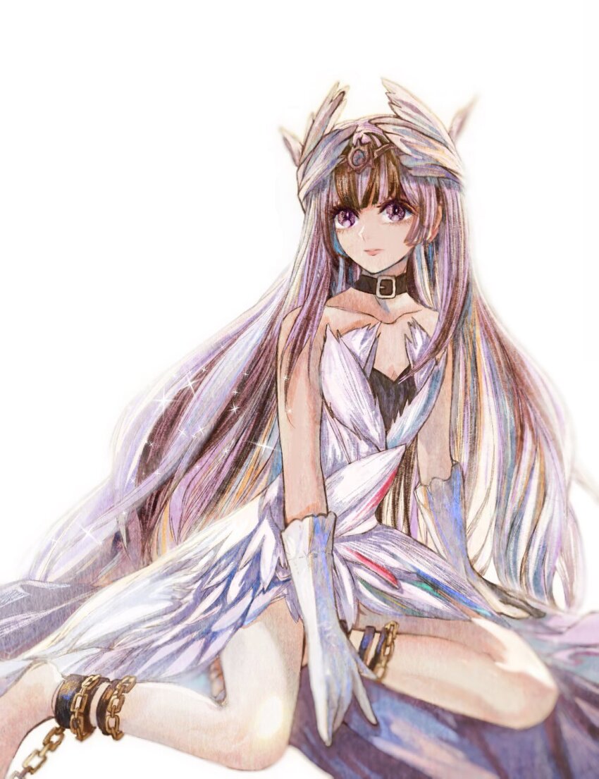 1girl bare_legs black_choker black_hair breasts chained_legs choker fire_emblem fire_emblem_engage grey_hair hair_ornament highres long_hair looking_at_viewer multicolored_hair nintendo purple_eyes small_breasts smile solo two-tone_hair very_long_hair veyle_(fire_emblem) wavy_hair wing_hair_ornament yurya_elfead