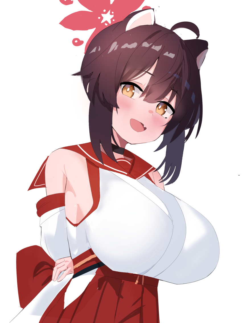 1girl :d absurdres ahoge animal_ears armpit_crease arms_behind_back aw999555 black_choker blue_archive breasts brown_hair choker commentary detached_sleeves extra_ears fang hair_between_eyes hakama halo highres japanese_clothes kaede_(blue_archive) large_breasts looking_at_viewer open_mouth red_hakama red_halo red_sailor_collar sailor_collar sidelocks simple_background skin_fang sleeveless smile solo yellow_eyes
