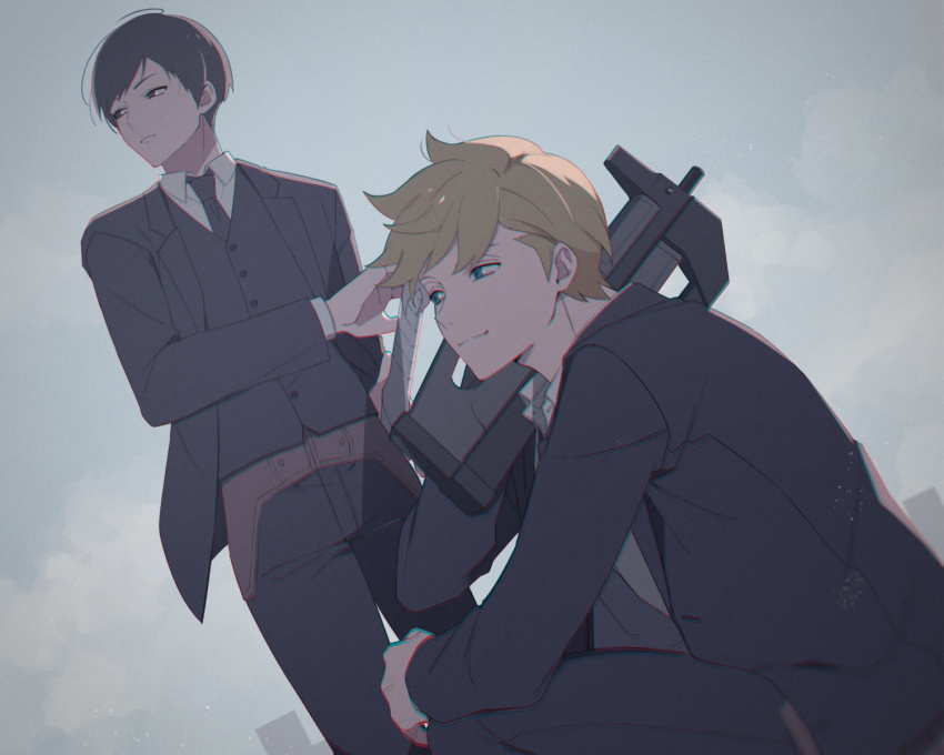 2boys black_hair black_jacket black_pants black_vest blonde_hair bowl_cut carrying_over_shoulder collared_shirt dutch_angle fighting_stance formal_clothes gun highres holding holding_gun holding_weapon holster inukai_sumiharu jacket long_sleeves male_focus multiple_boys necktie pant_suit pants ready_to_draw shirt sky smile squatting standing suit tsuji_shinnosuke vest weapon white_shirt world_trigger yawai_tofu