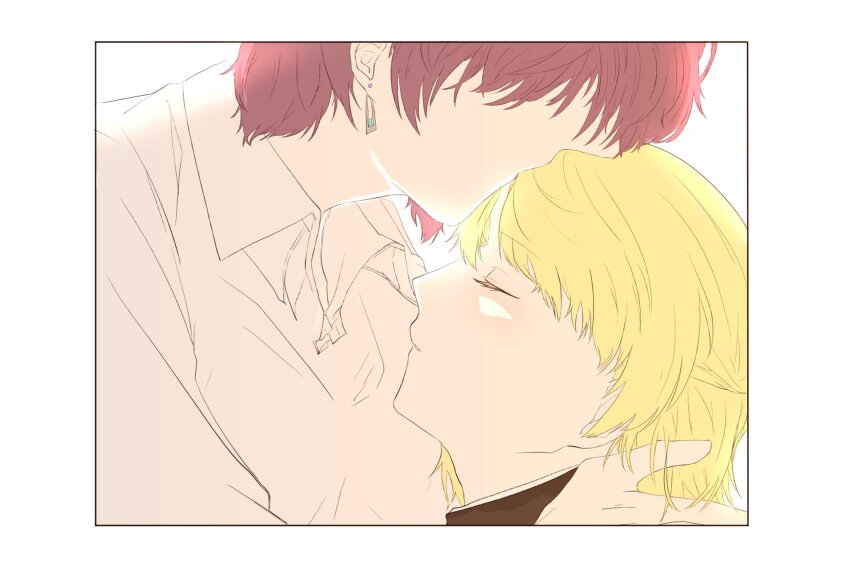 2girls blonde_hair close-up earrings green_eyes heaven_burns_red highres jewelry kiss kissing_forehead m0sa_4 multiple_girls nanase_nanami_(heaven_burns_red) purple_hair shirt short_hair tezuka_saki yuri