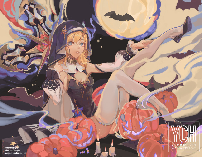 1girl absurdres bat_(animal) black_dress black_tears black_veil blonde_hair blue_eyes breasts celestine_(letmebid) commission cross-shaped_pupils crying crying_with_eyes_open detached_sleeves dress gem habit highres kinnyno legs_up long_hair long_sleeves looking_at_viewer neck_tattoo nun original parted_lips puffy_long_sleeves puffy_sleeves pumpkin purple_gemstone sitting solo symbol-shaped_pupils tattoo tears thighhighs veil weapon white_thighhighs ych_commission