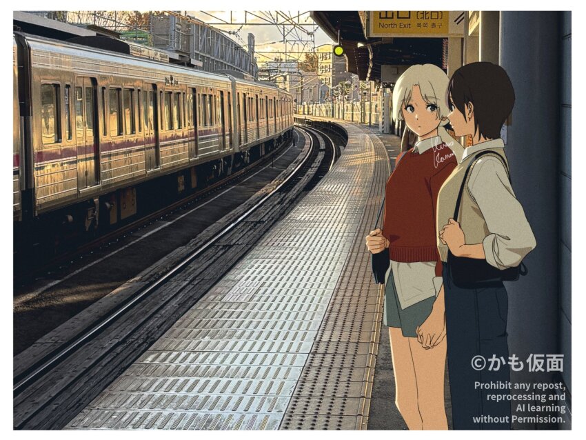 2girls black_hair black_pants blue_pants blue_shorts border brown_sweater_vest closed_mouth collared_shirt commentary couple dated_commentary film_grain grey_eyes holding_hands kamo_kamen long_hair looking_at_another multiple_girls original pants photo_background red_sweater shirt short_hair shorts three-quarter_sleeves sweater sweater_vest train train_station white_border white_hair white_shirt yuri