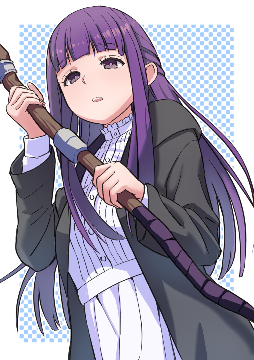 1girl black_robe dress fern_(sousou_no_frieren) highres holding holding_staff long_hair looking_at_viewer mage_staff purple_eyes purple_hair robe solo sousou_no_frieren staff toraneko white_dress
