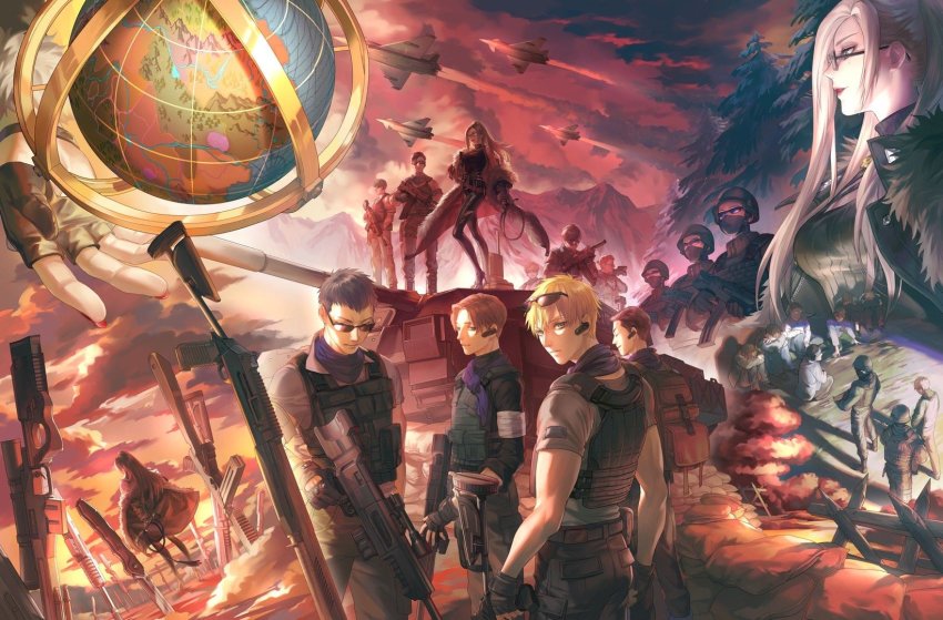 3girls 6+boys ai_arctic_warfare aircraft airplane artist_request benelli_m4_super_90 blonde_hair bolt_action brown_hair cloud dagger dusk eyewear_on_head fingerless_gloves folding_knife glasses gloves grey_hair gun helmet highres knife lips lipstick long_hair looking_at_viewer makeup mask military military_vehicle motor_vehicle mouth_mask multiple_boys multiple_girls nail_polish nikki_(series) official_art people purple_bandana red_sky rifle shining_nikki short_hair shotgun sky sniper_rifle sunglasses tactical_clothes tank war weapon