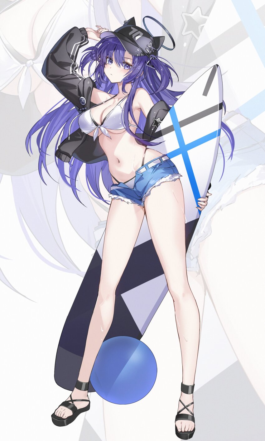 1girl absurdres animal_hat b_soyo1 ball bare_shoulders beachball bikini bikini_under_shorts black_halo black_hat black_jacket black_sandals blue_archive blush breasts cat_hat cleavage collarbone commentary cutoffs denim denim_shorts front-tie_bikini_top front-tie_top full_body hair_between_eyes halo hand_up hat highres holding holding_surfboard jacket large_breasts long_hair looking_at_viewer mechanical_halo micro_shorts millennium_science_school_logo multicolored_bikini navel off_shoulder open_clothes open_fly open_shorts purple_eyes purple_hair sandals shorts simple_background solo standing star_ornament stomach striped_clothes striped_jacket surfboard swimsuit two-tone_bikini two_side_up very_long_hair wet white_background white_bikini yuuka_(blue_archive) zoom_layer