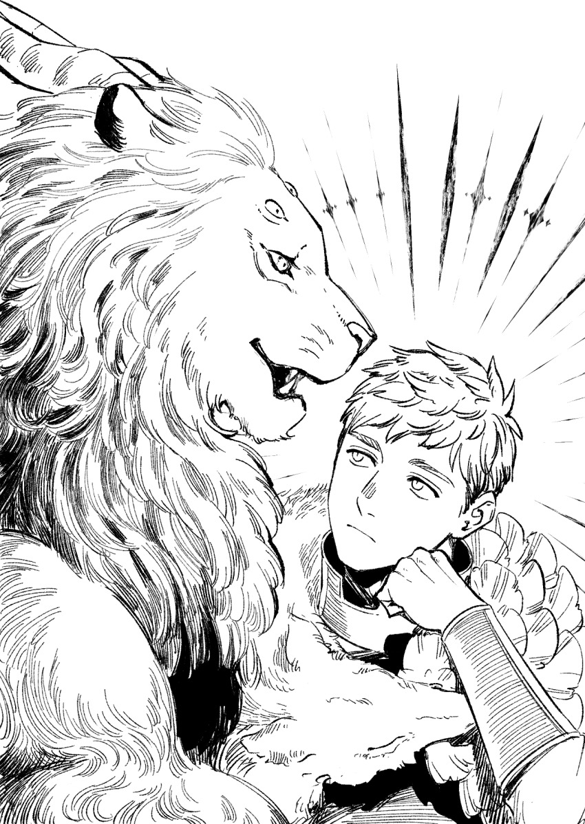 1boy animal armor closed_mouth demon demon_horns dungeon_meshi extra_eyes frown gorget greyscale hand_up head_rest highres horns laios_touden lion looking_at_another male_focus monochrome open_mouth pelt plate_armor short_hair sideways_glance smile spoilers urup_zzz vambraces