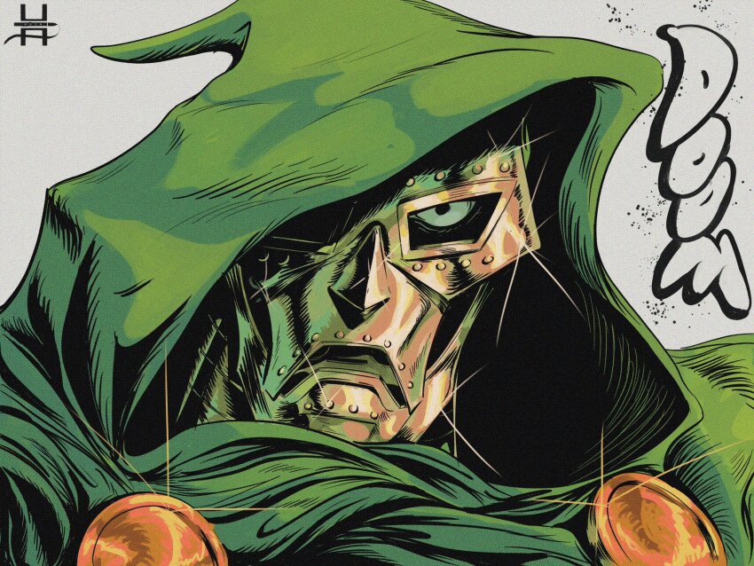 1boy armor artist_logo artist_name cape character_name commentary doctor_doom english_commentary gold green_cape highres hood hood_up hooded_cape hushpuppyart logo marvel mask one_eye_covered solo western_comics_(style)