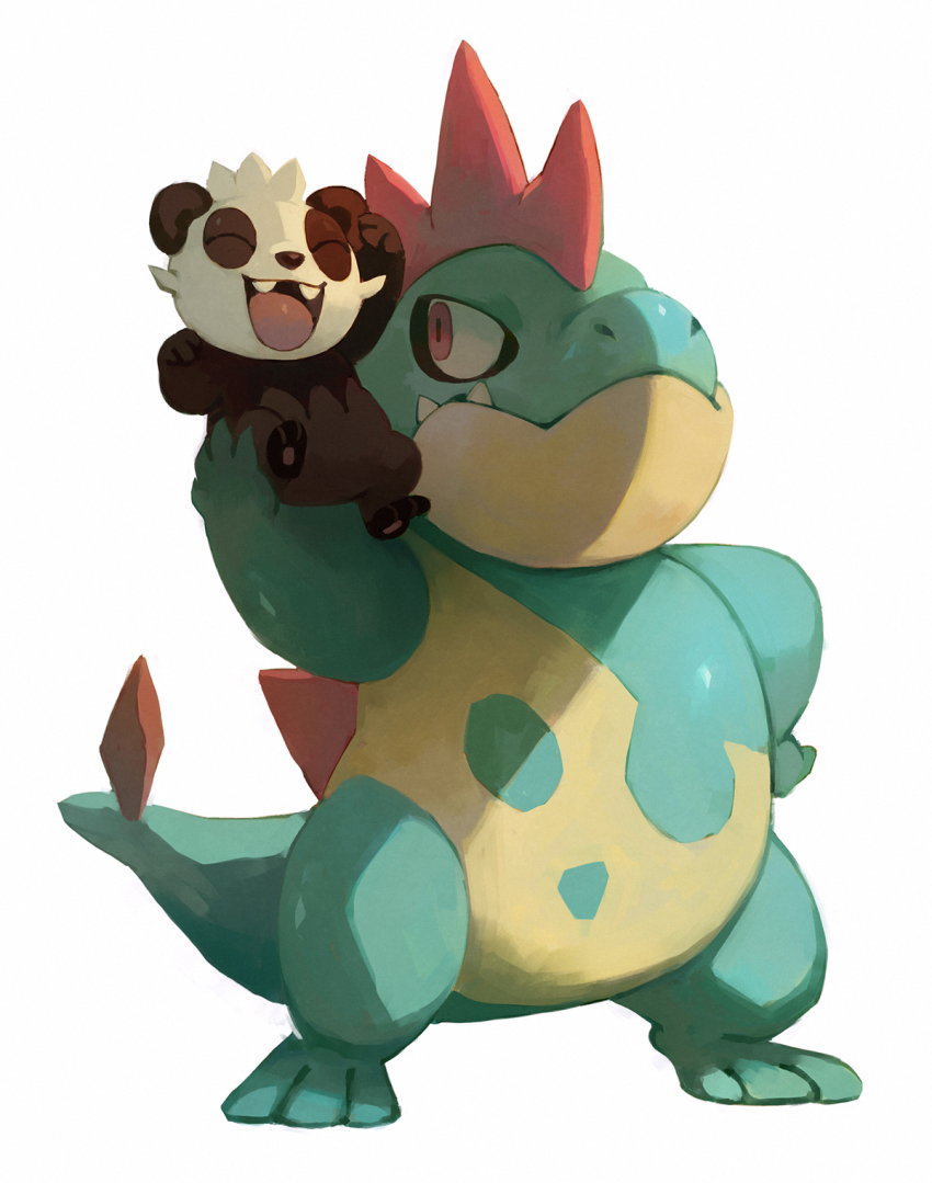 animal_focus bluekomadori closed_mouth commentary croconaw english_commentary fangs full_body gen_2_pokemon gen_6_pokemon highres nintendo no_humans nostrils open_mouth pancham pokemon pokemon_(creature) red_eyes simple_background sitting_on_shoulder solo standing white_background