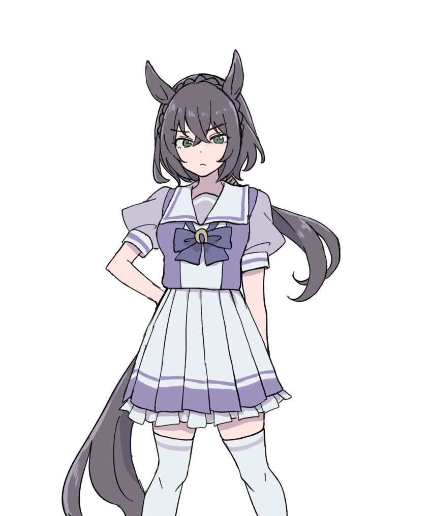 1girl animal_ears black_hair bow bowtie braid cowboy_shot crown_braid frilled_skirt frills green_eyes hair_between_eyes highres horse_ears horse_girl horseshoe_ornament kin&#039;iro_ryotei_(umamusume) long_hair looking_at_viewer low_ponytail pleated_skirt ponytail puffy_short_sleeves puffy_sleeves purple_bow purple_bowtie purple_serafuku purple_shirt sailor_collar sailor_shirt school_uniform serafuku shirt short_sleeves simple_background skirt solo thighhighs tracen_school_uniform umamusume umamusume_(anime) white_background white_skirt white_thighhighs yumayuma_(yumayumaaaan)